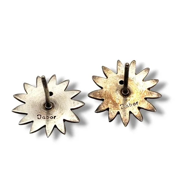 Vintage Jabor Sunflower Stud Earrings Pewter Brass Post Pierced - Picture 7 of 11